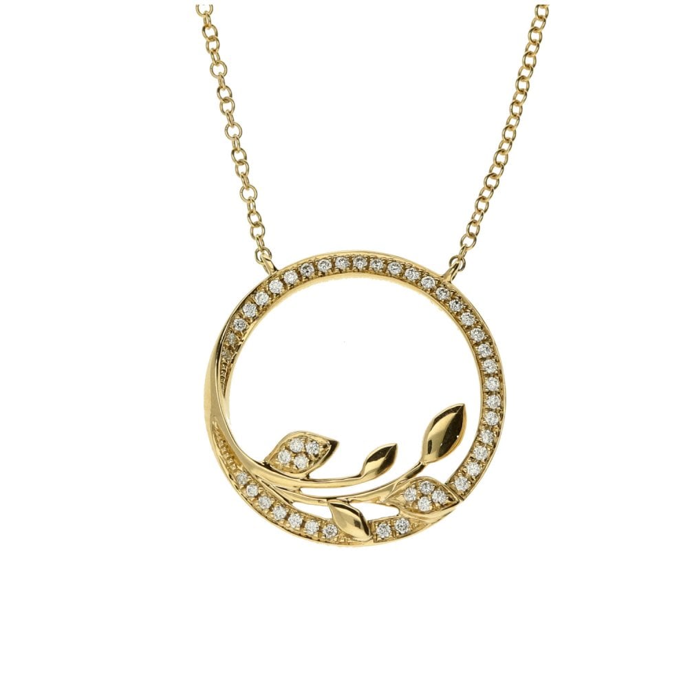 9ct Yellow Gold Diamond Leaf Circle Pendant & Necklace - 0.15ct