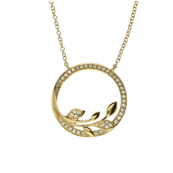 9ct Yellow Gold Diamond Leaf Circle Pendant & Necklace - 0.15ct