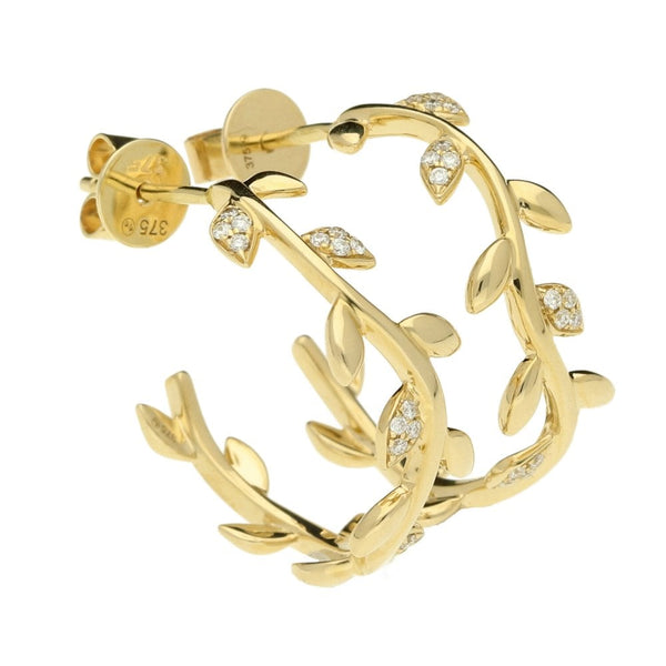 Ladies 9ct Yellow Gold Diamond Set Leaf Hoop Earrings