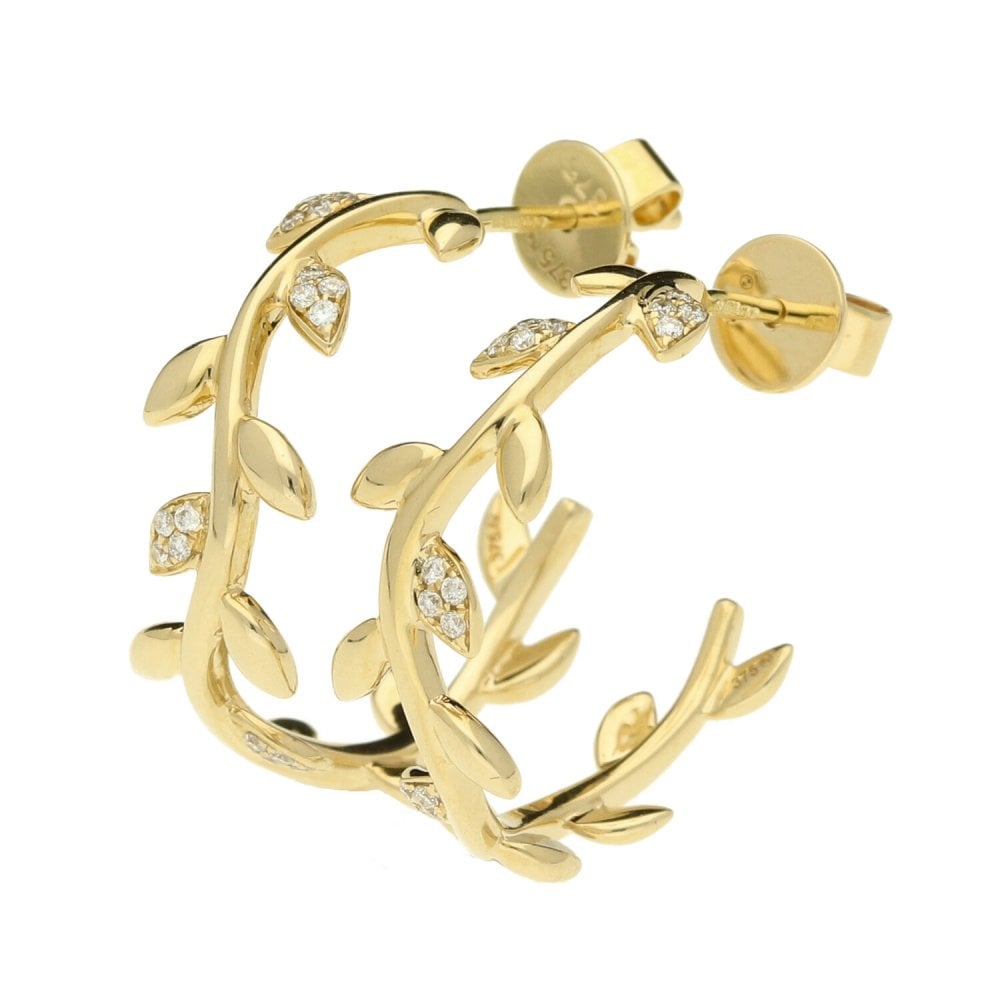 Ladies 9ct Yellow Gold Diamond Set Leaf Hoop Earrings