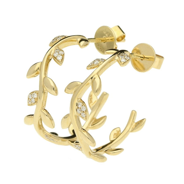 Ladies 9ct Yellow Gold Diamond Set Leaf Hoop Earrings