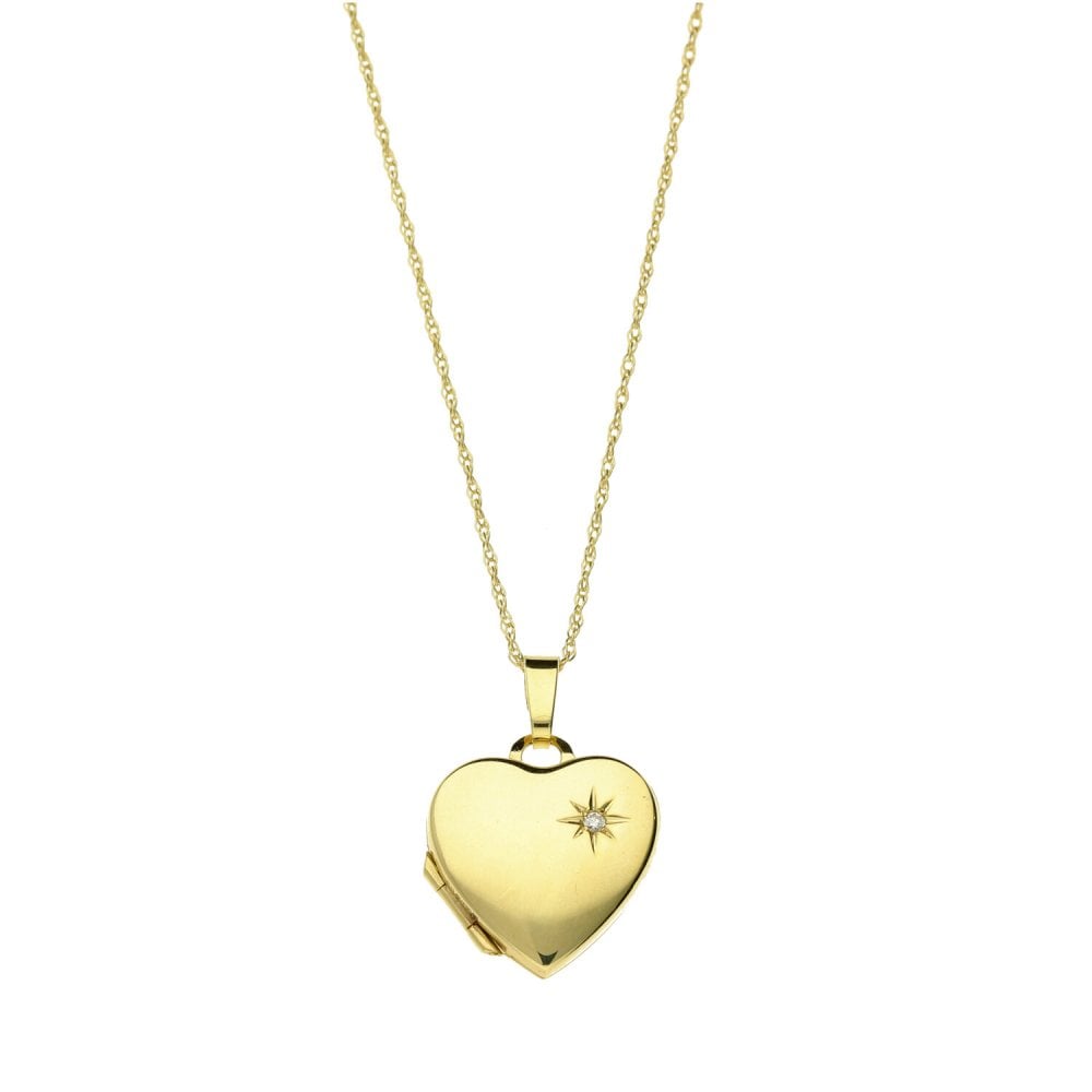 9ct Yellow Gold Diamond Heart Locket & Necklace - 18" - 0.01ct