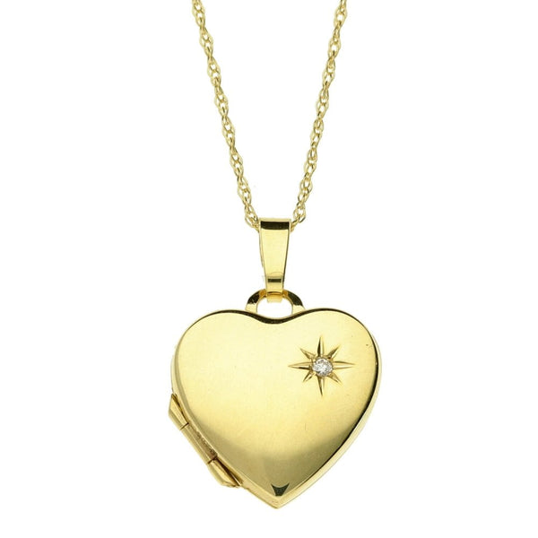 9ct Yellow Gold Diamond Heart Locket & Necklace - 18" - 0.01ct