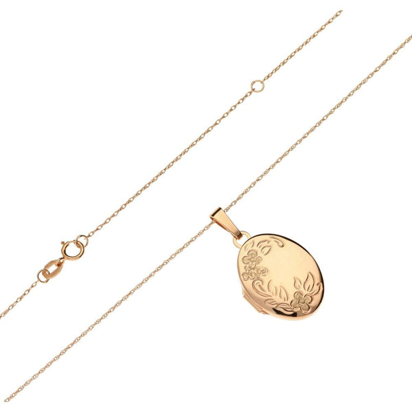 Ladies 9ct Rose Gold Oval Shape Engraved Locket And Chain