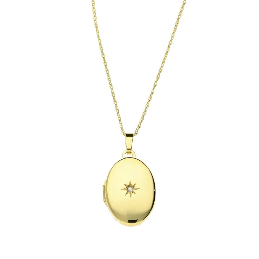 9ct Yellow Gold Diamond Oval Locket & Necklace - 18" - 2.4g