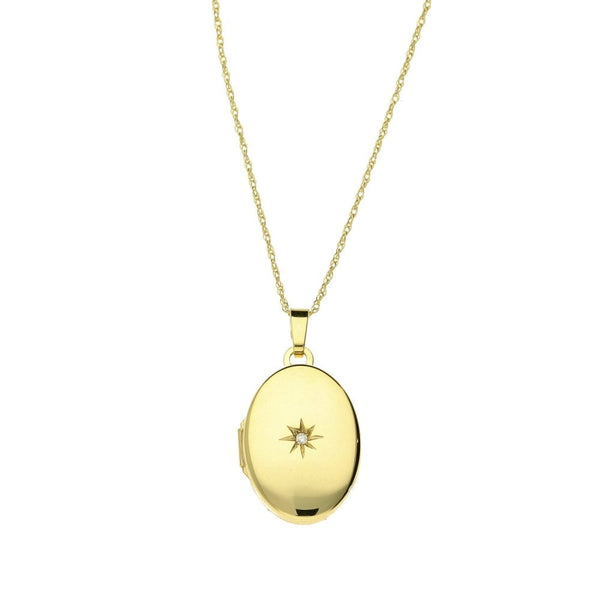 9ct Yellow Gold Diamond Oval Locket & Necklace - 18" - 2.4g