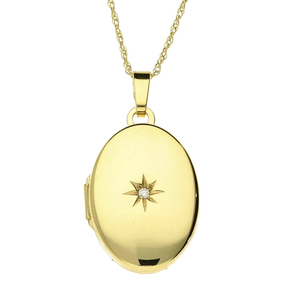 9ct Yellow Gold Diamond Oval Locket & Necklace - 18" - 2.4g