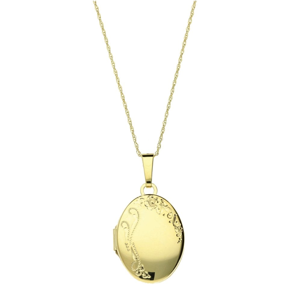 Ladies 9ct Yellow Gold Oval Shaped Engraved Locket And Chain