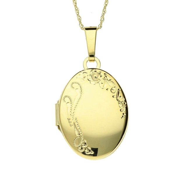 Ladies 9ct Yellow Gold Oval Shaped Engraved Locket And Chain
