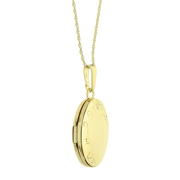 Ladies 9ct Yellow Gold Oval Shaped Engraved Locket And Chain