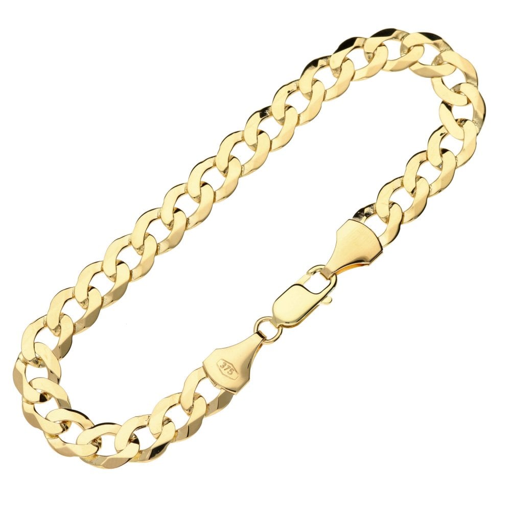 Mens 9ct Yellow Gold Curb Bracelet - 8" - 10.0g