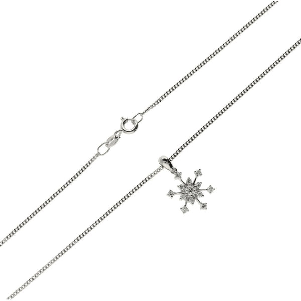 Ladies 18ct White Gold Diamond Snowflake Style Pendant & Chain