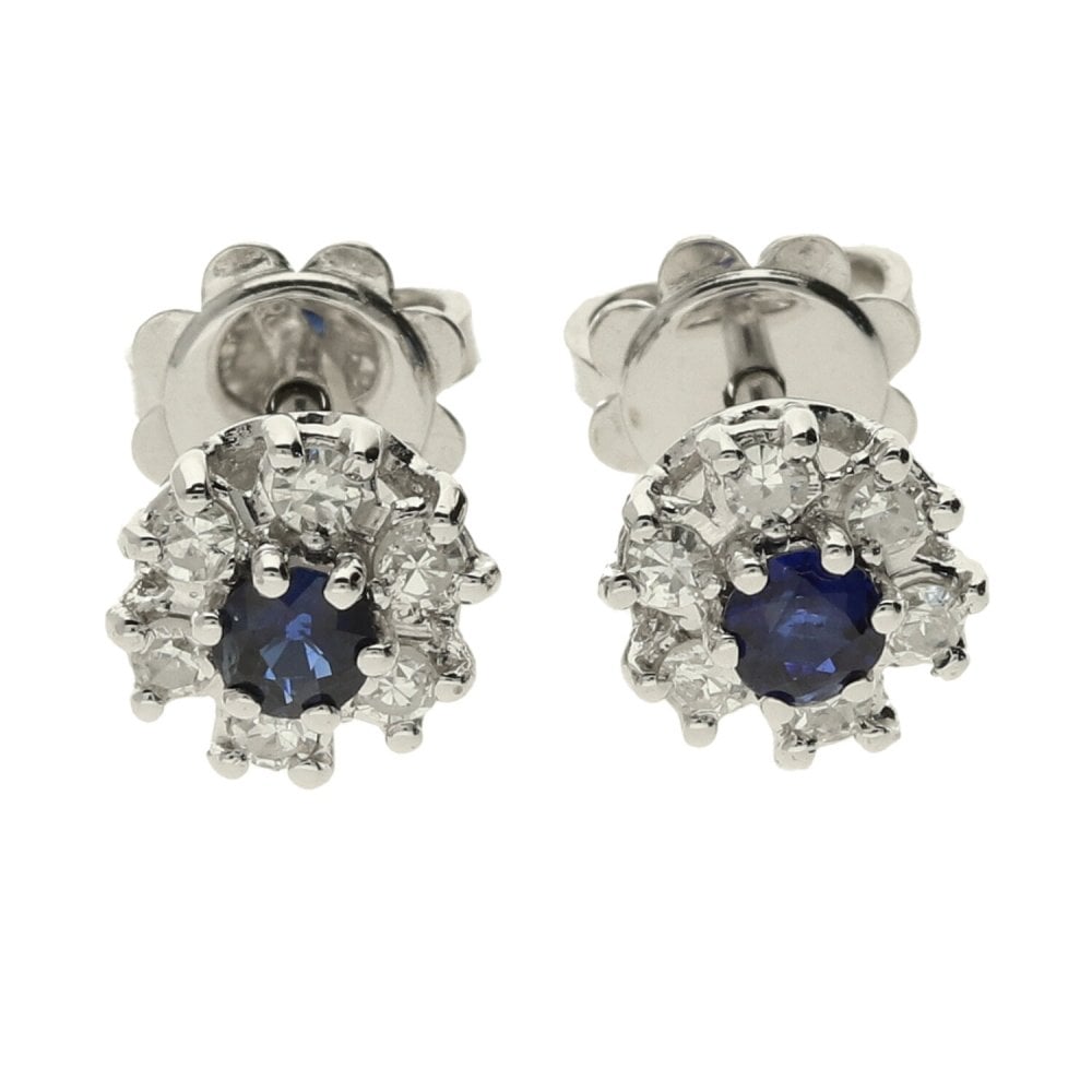 Ladies 18ct White Gold Diamond & Sapphire Cluster Earrings