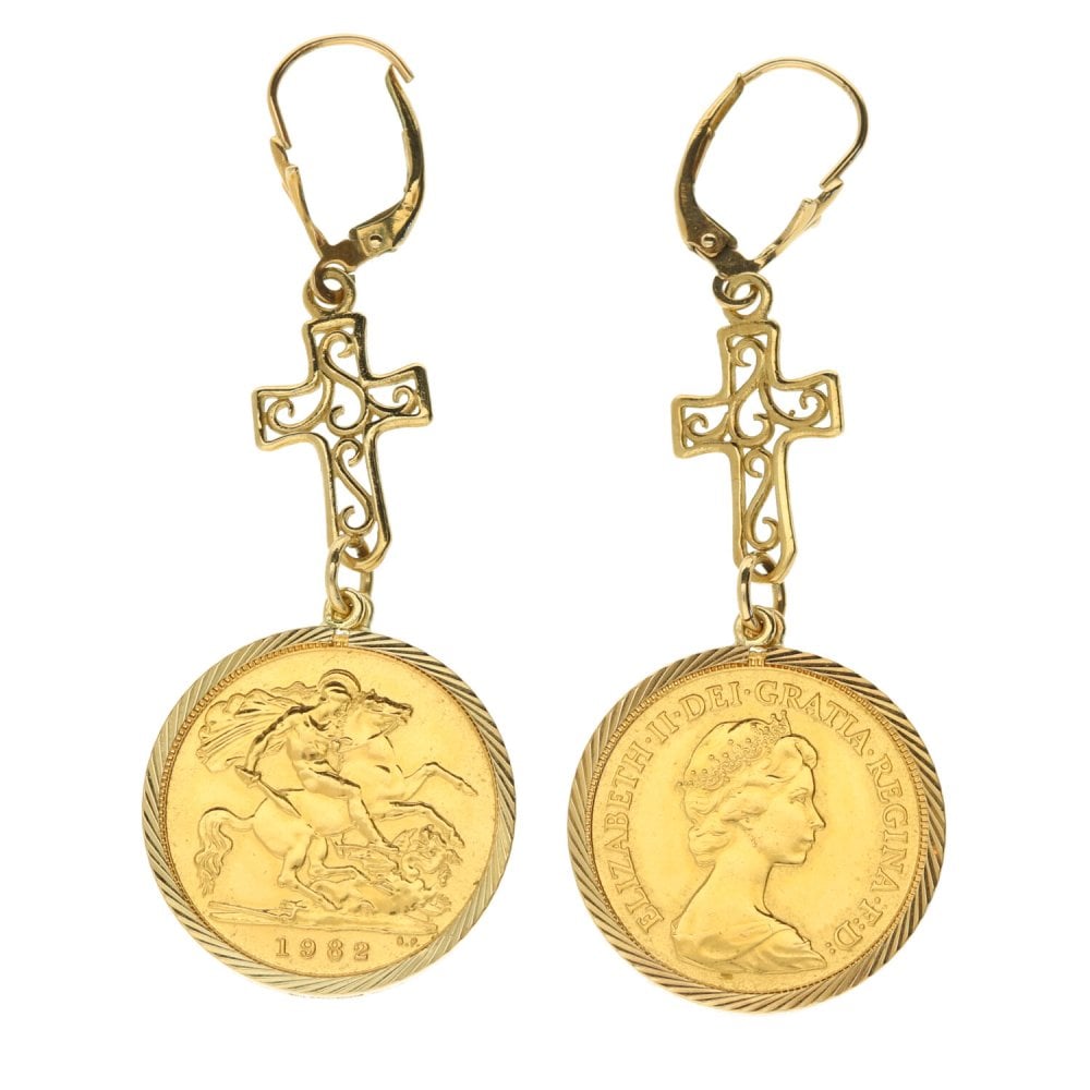 Ladies 1982 Half Sovereign Cross Drop Earrings