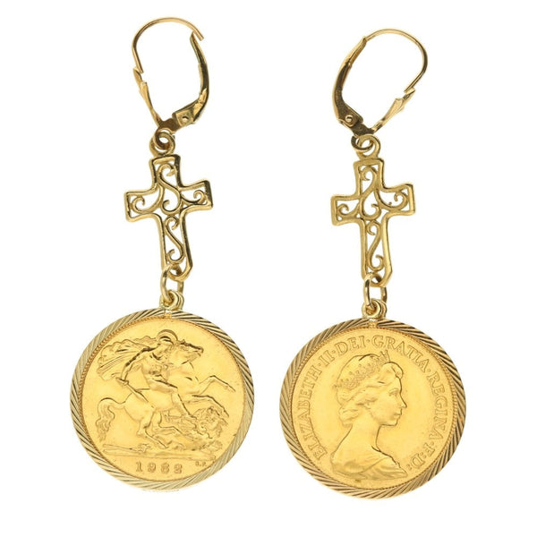 Ladies 1982 Half Sovereign Cross Drop Earrings