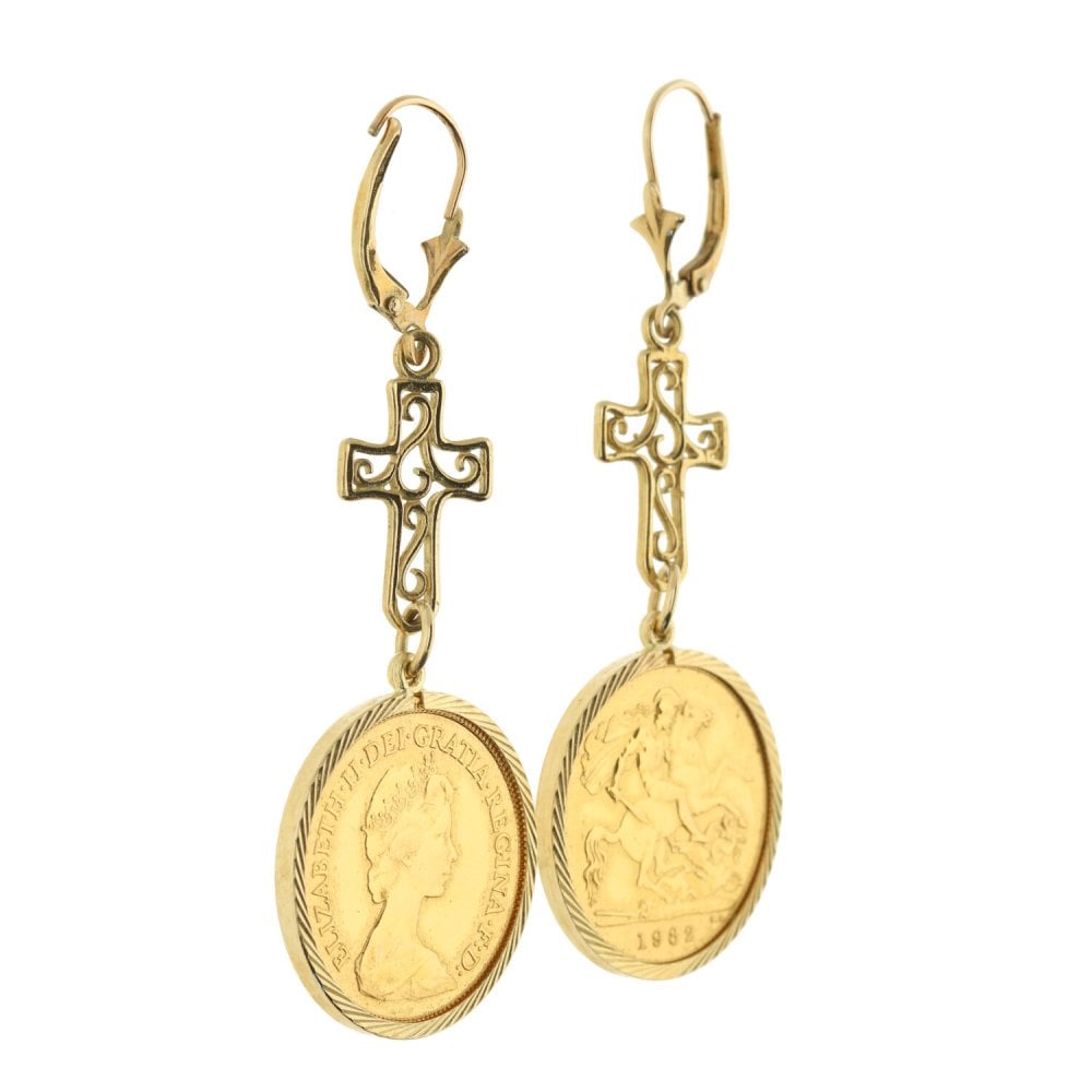 Ladies 1982 Half Sovereign Cross Drop Earrings