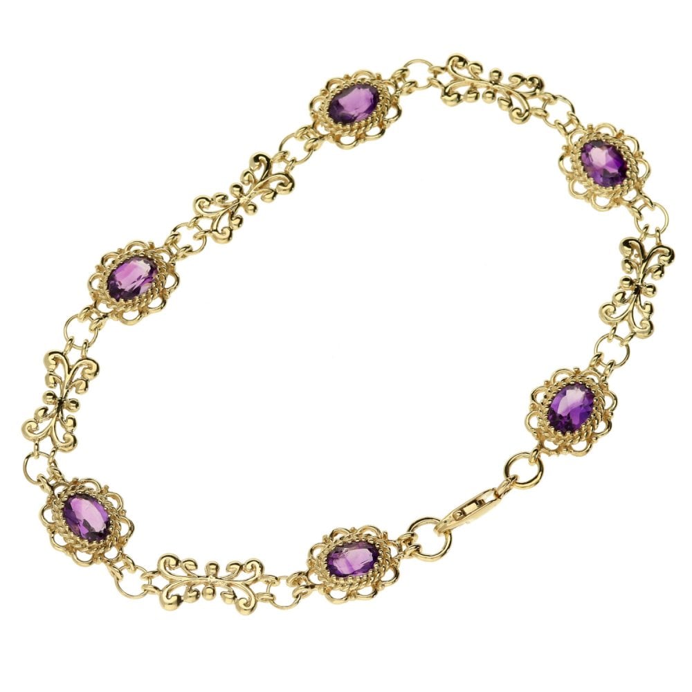 Ladies 9ct Yellow Gold Amethyst Bracelet - 6.7g