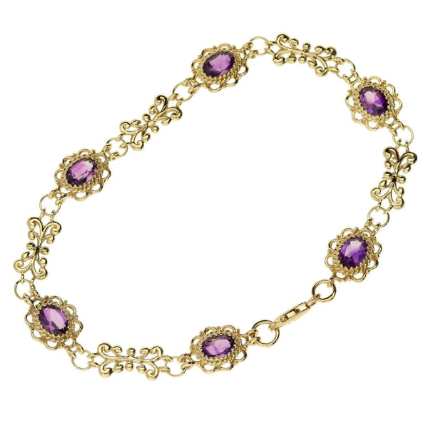 Ladies 9ct Yellow Gold Amethyst Bracelet - 6.7g