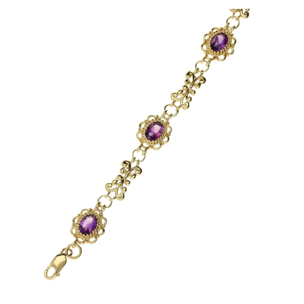 Ladies 9ct Yellow Gold Amethyst Bracelet - 6.7g