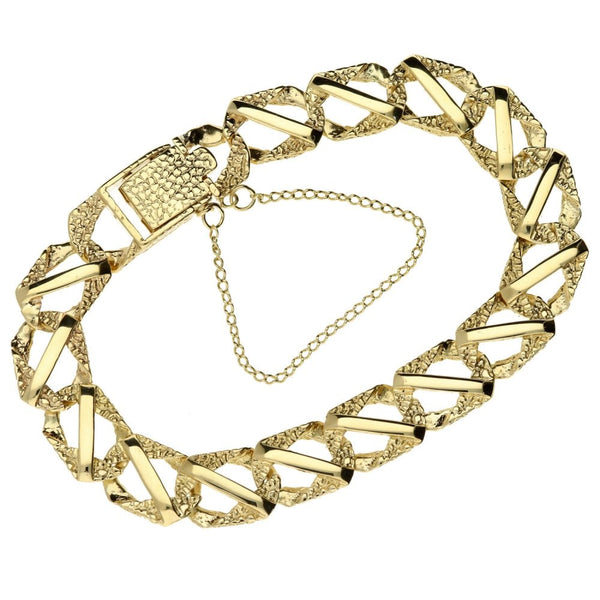 Mens 9ct Yellow Gold Bark Effect Curb Bracelet - 8" - 22.6g