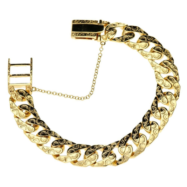 Mens 9ct Yellow Gold Bark Effect & Patterned Curb Bracelet 63.4g