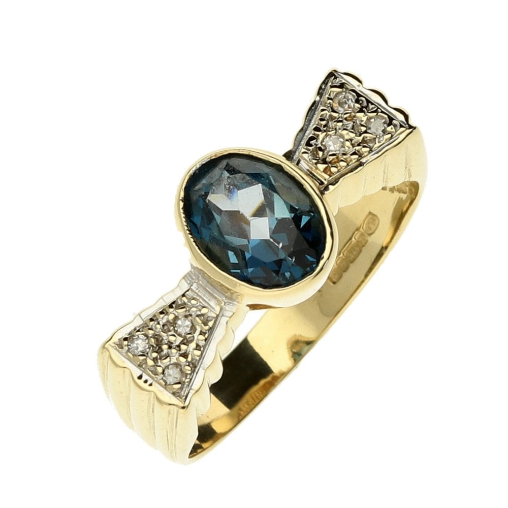 Ladies 9ct Yellow Gold Diamond & Blue Topaz Ring - 3.9g