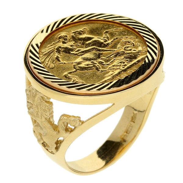 Yellow Gold 1891 Full Sovereign Coin Mounted Ring - 15.2g