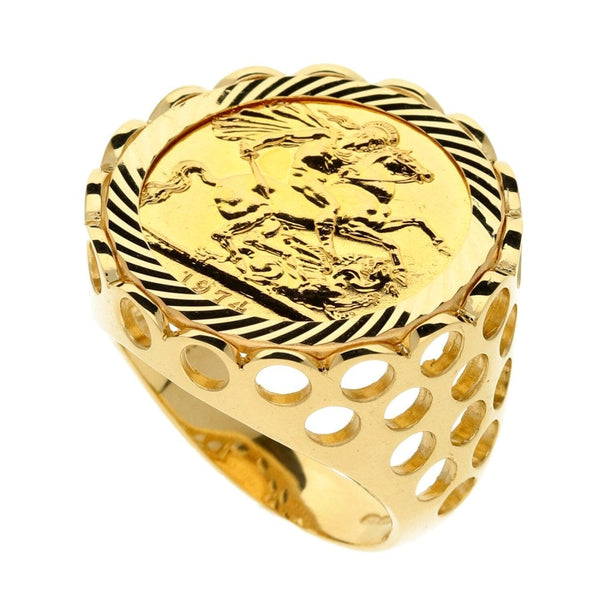 Yellow Gold 1974 Full Sovereign Coin Mounted Ring - 15.9g