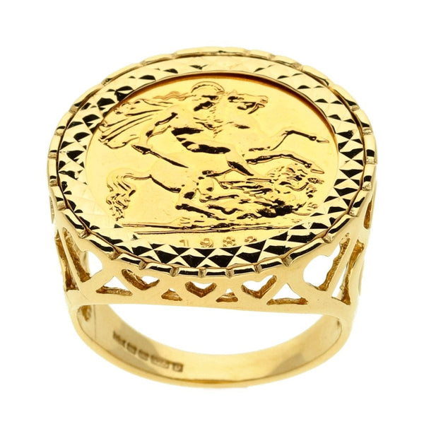 Yellow Gold 1982 Half Sovereign Coin Mounted Ring - 7.9g