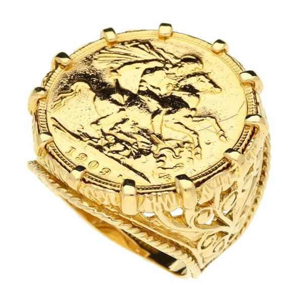 Yellow Gold 1909 Full Sovereign Coin Mounted Ring - 15.4g