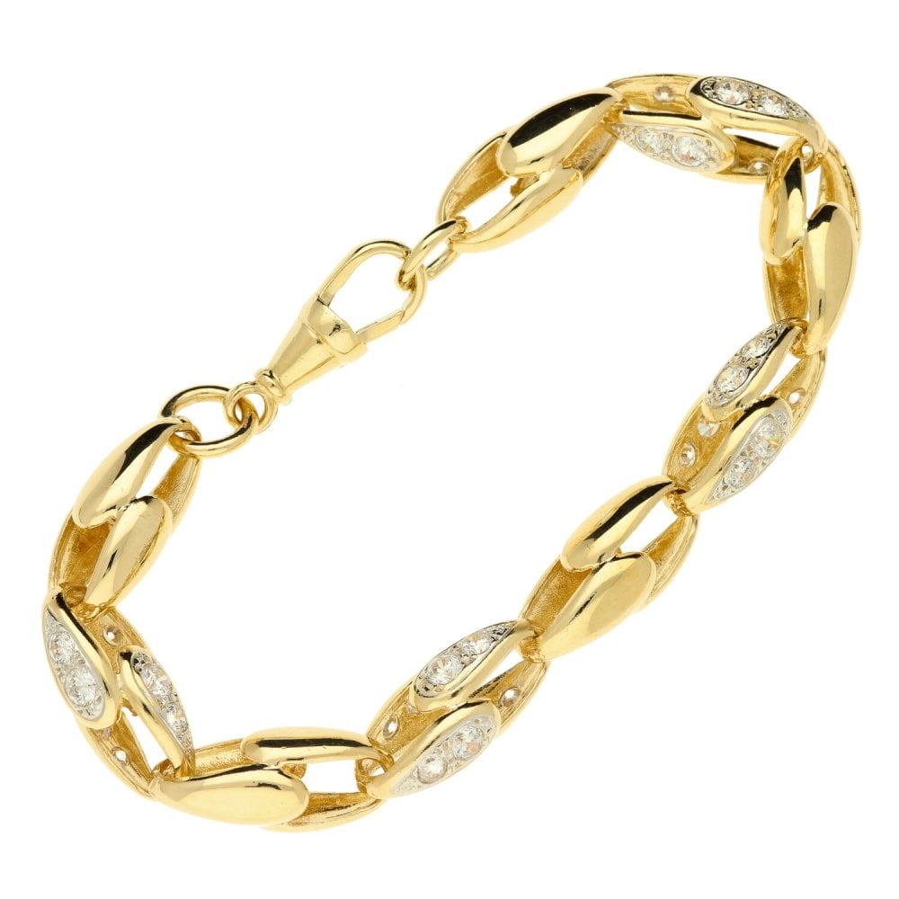 Mens 9ct Yellow Gold Cubic Zirconia Fancy Bracelet - 8" - 32.5g