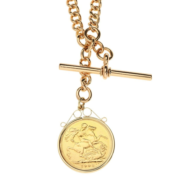 9ct Rose Gold Curb Bracelet with T-Bar & 1908 Sovereign Pendant