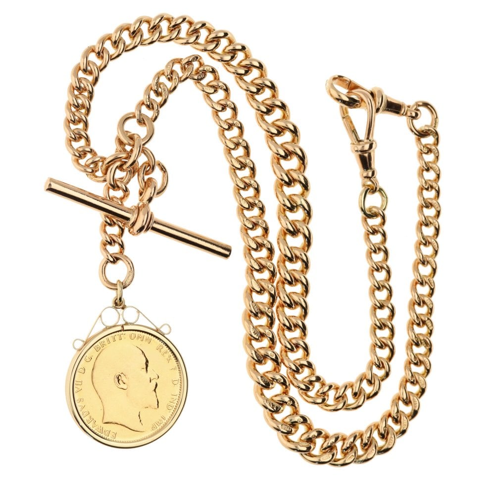 9ct Rose Gold Curb Bracelet with T-Bar & 1908 Sovereign Pendant