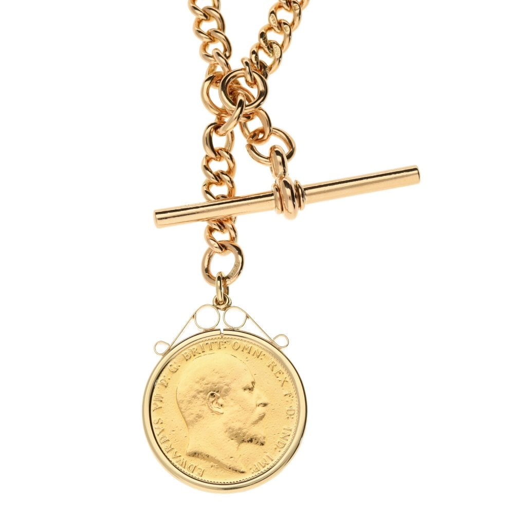 9ct Rose Gold Curb Bracelet with T-Bar & 1908 Sovereign Pendant