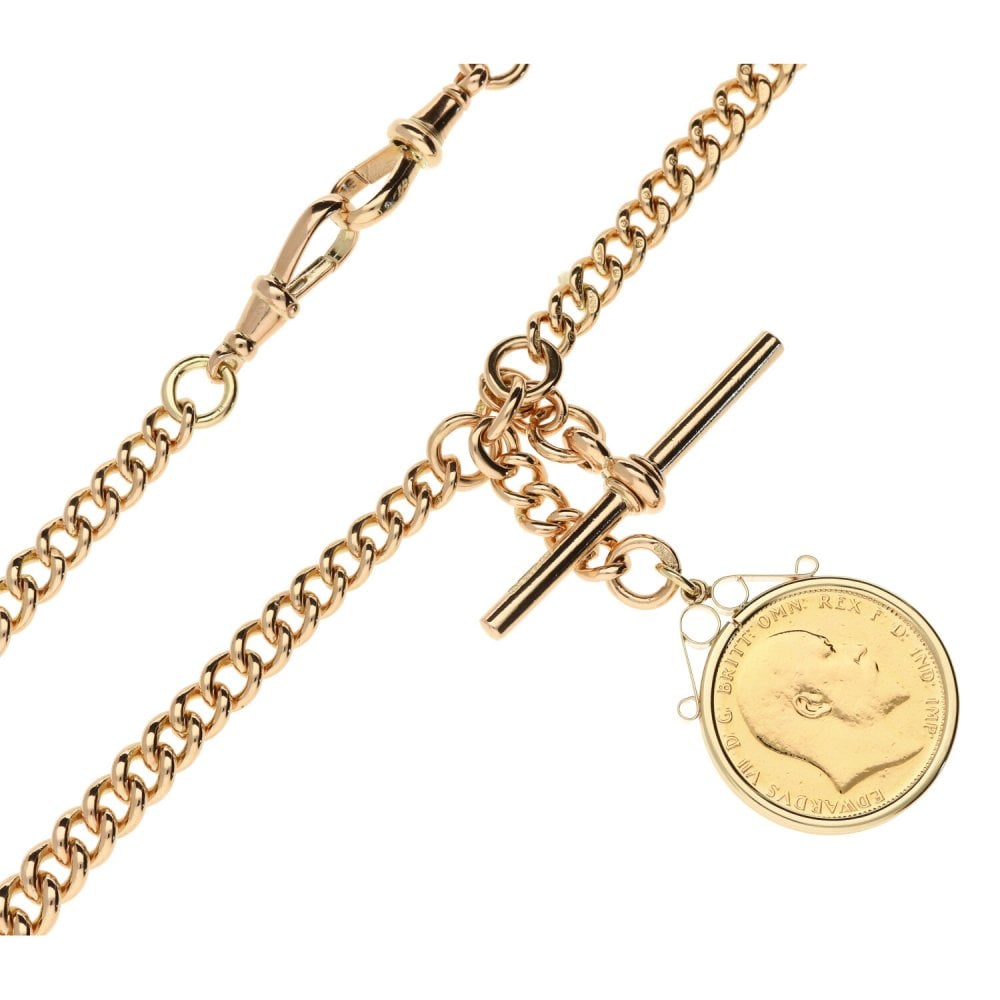 9ct Rose Gold Curb Bracelet with T-Bar & 1908 Sovereign Pendant