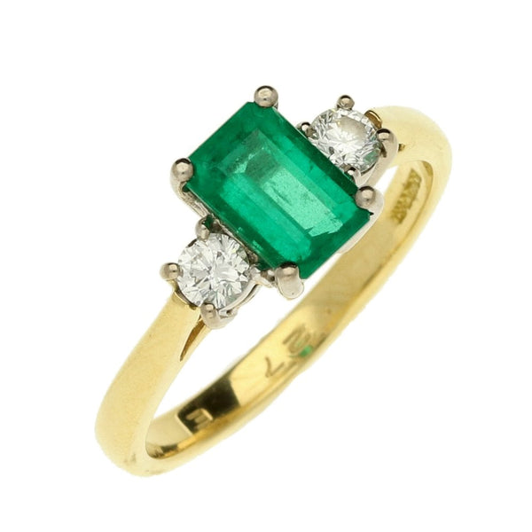 Ladies 18ct Yellow Gold Diamond & Emerald Three Stone Ring