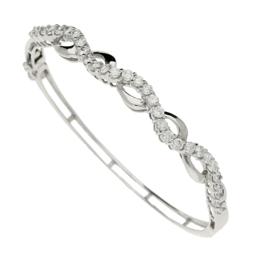 Ladies 9ct White Gold Cubic Zirconia Set Bangle - 10.3g