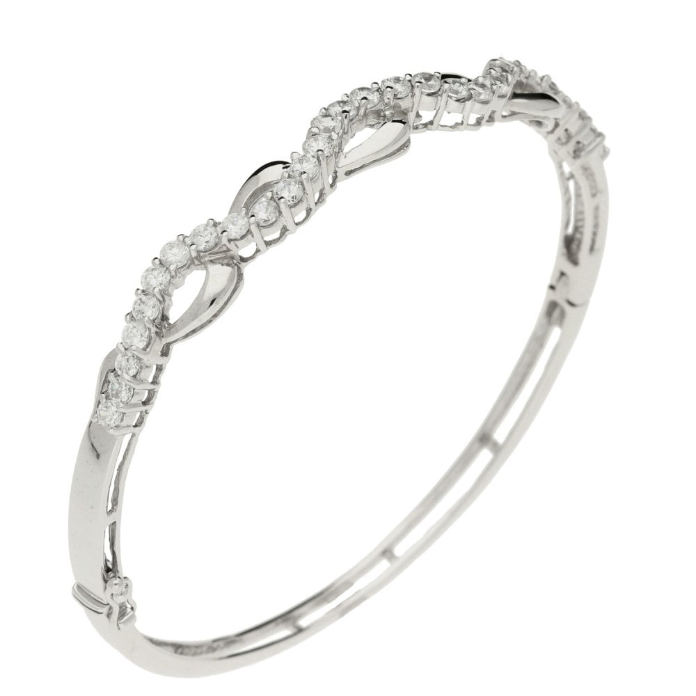 Ladies 9ct White Gold Cubic Zirconia Set Bangle - 10.3g