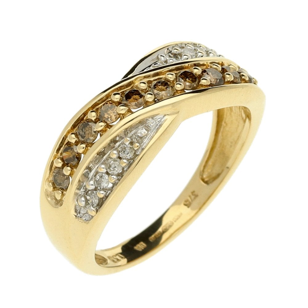 9ct Yellow Gold Diamond Cross Over Dress Ring - Size J - 0.33ct