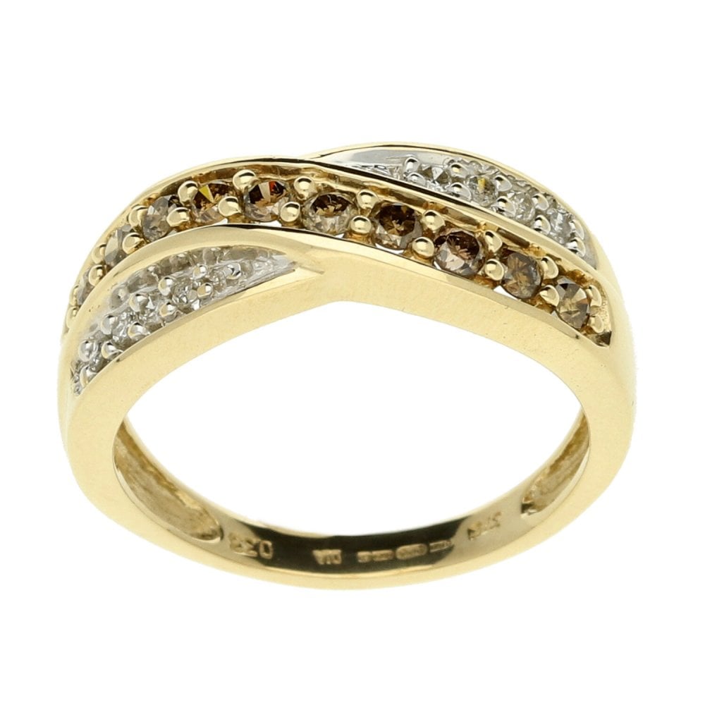 9ct Yellow Gold Diamond Cross Over Dress Ring - Size J - 0.33ct