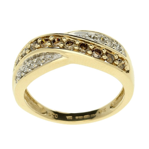 9ct Yellow Gold Diamond Cross Over Dress Ring - Size J - 0.33ct