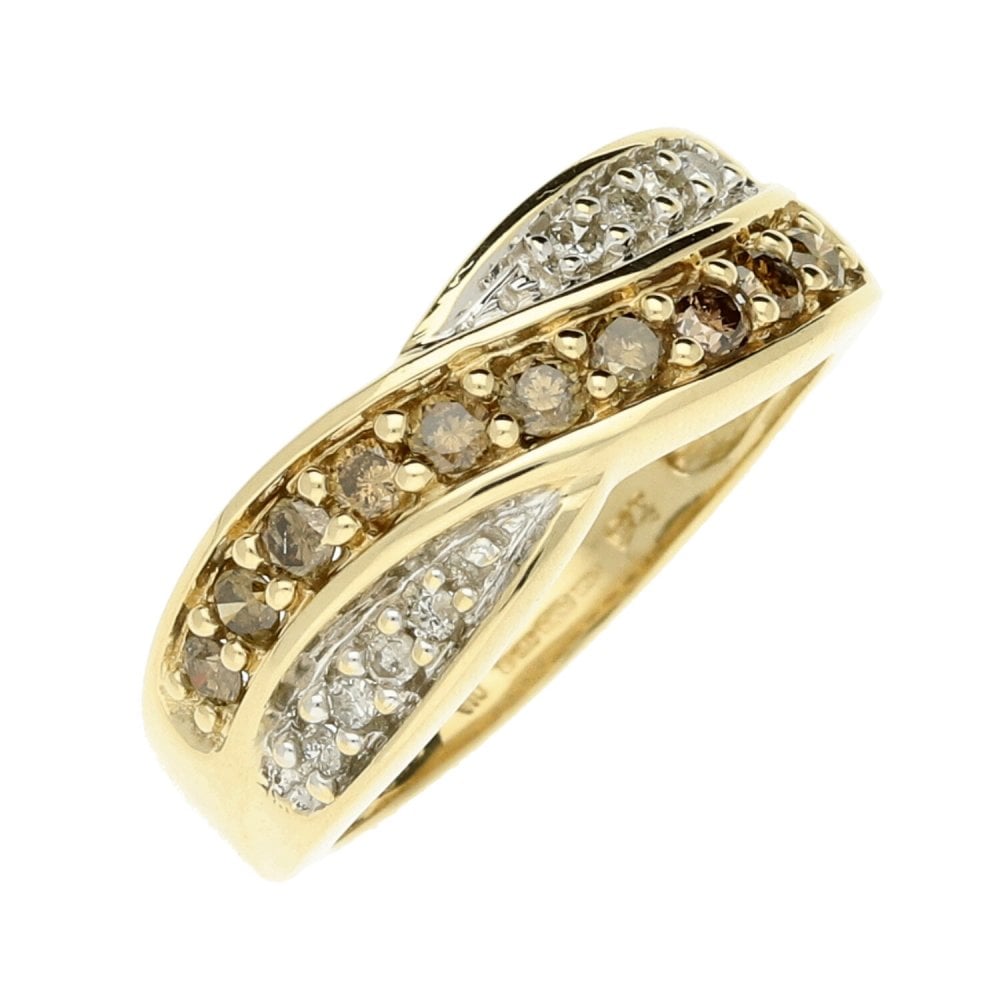 9ct Yellow Gold Diamond Cross Over Dress Ring - Size J - 0.33ct