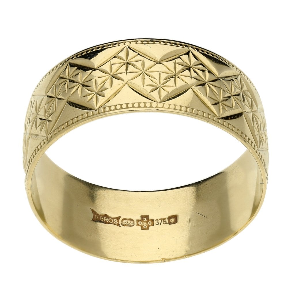9ct Yellow Gold Patterned D-Shape Wedding Band - 4.3g