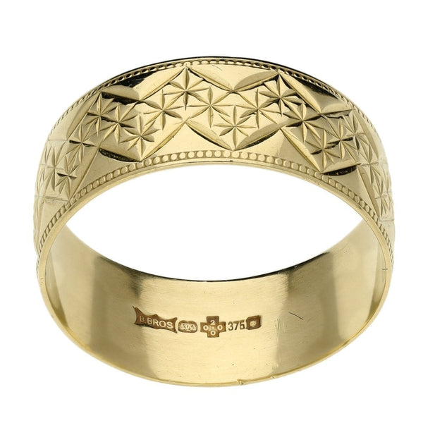 9ct Yellow Gold Patterned D-Shape Wedding Band - 4.3g