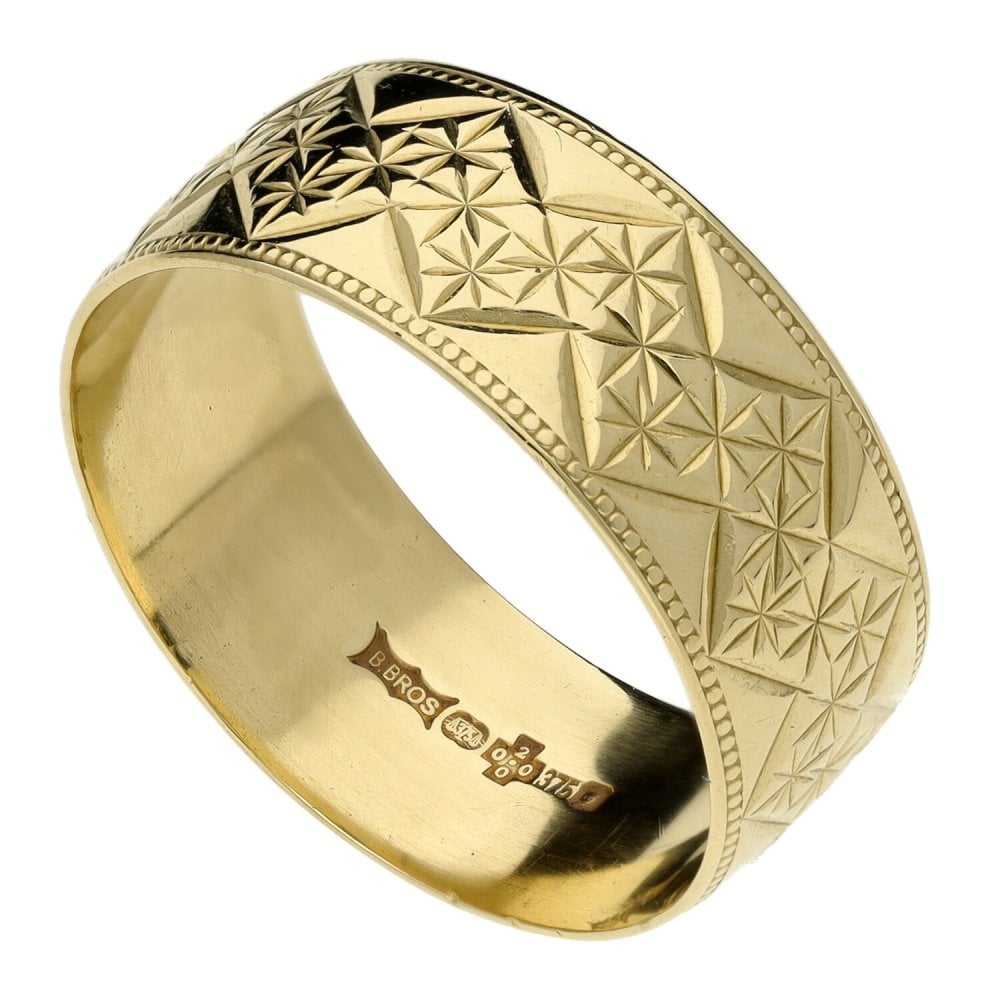 9ct Yellow Gold Patterned D-Shape Wedding Band - 4.3g