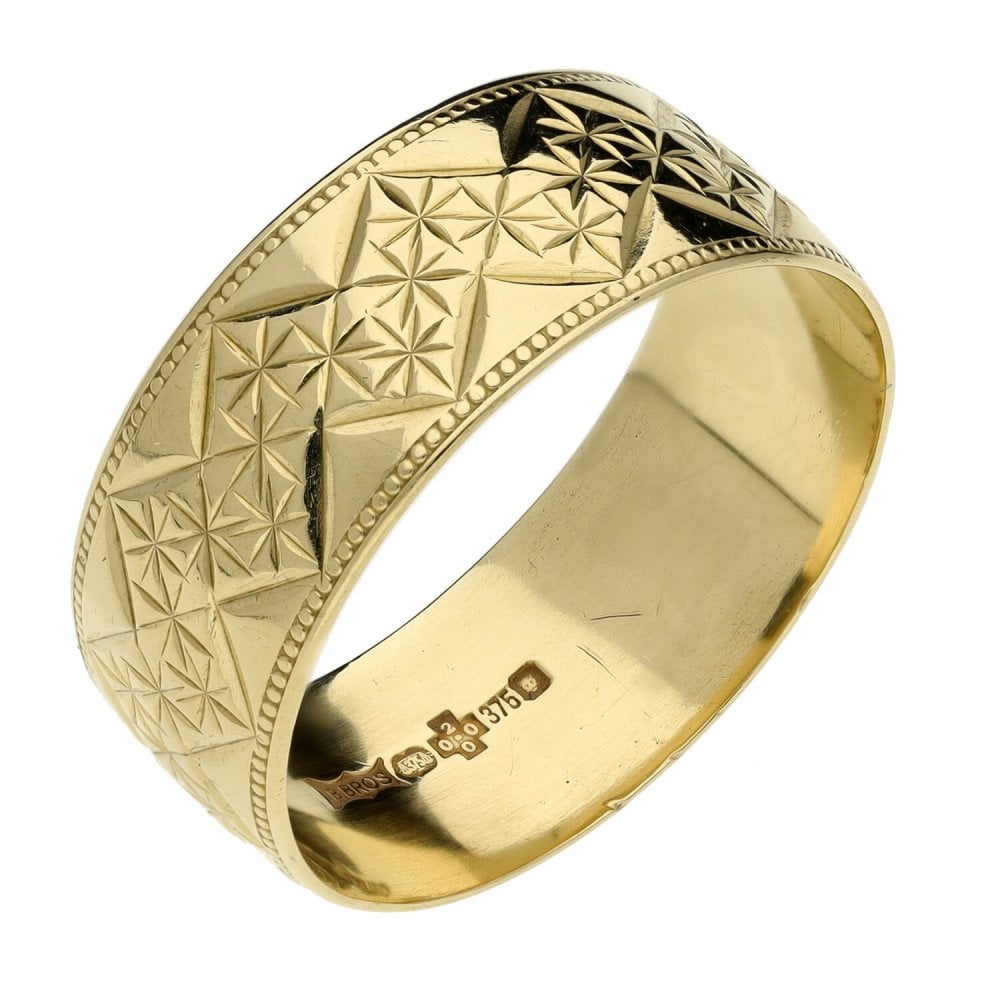 9ct Yellow Gold Patterned D-Shape Wedding Band - 4.3g