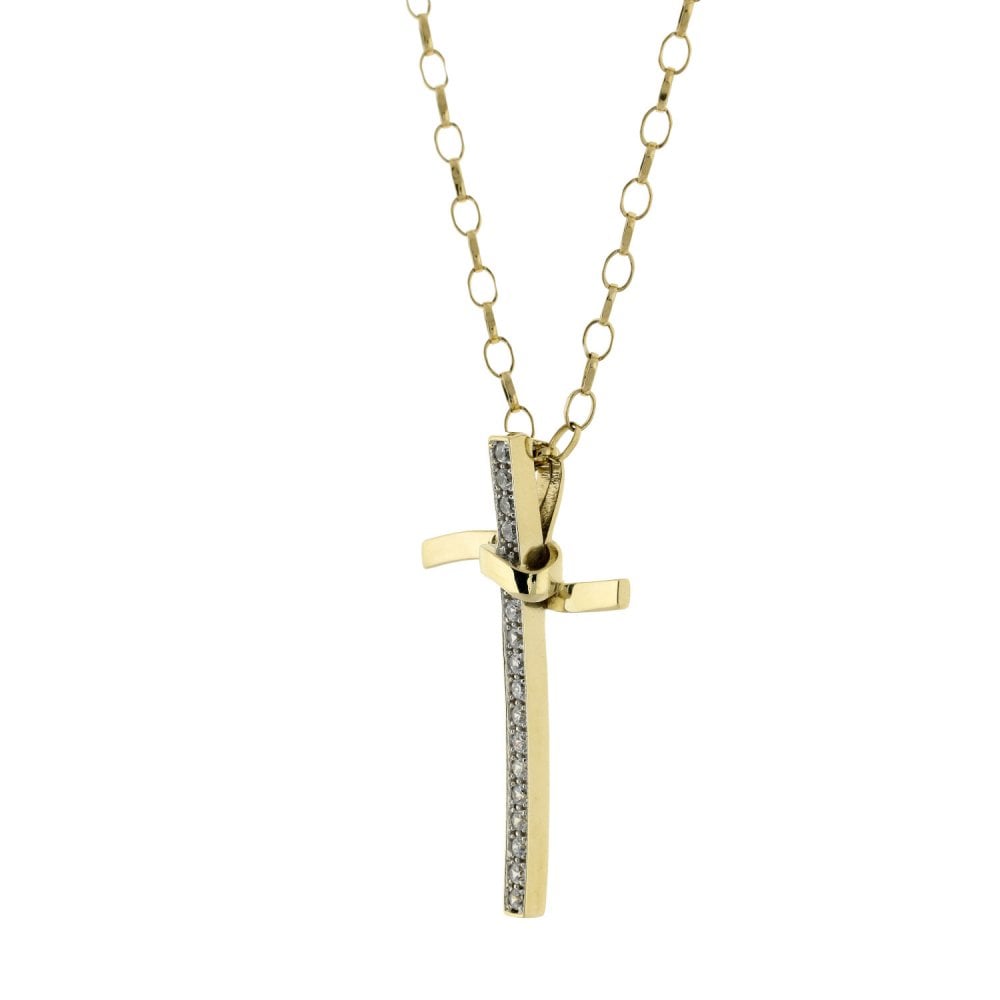 Ladies 9ct Yellow Gold Cubic Zirconia Cross Pendant & Chain