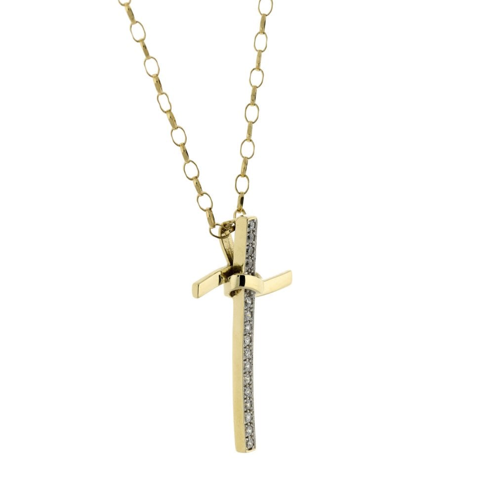 Ladies 9ct Yellow Gold Cubic Zirconia Cross Pendant & Chain
