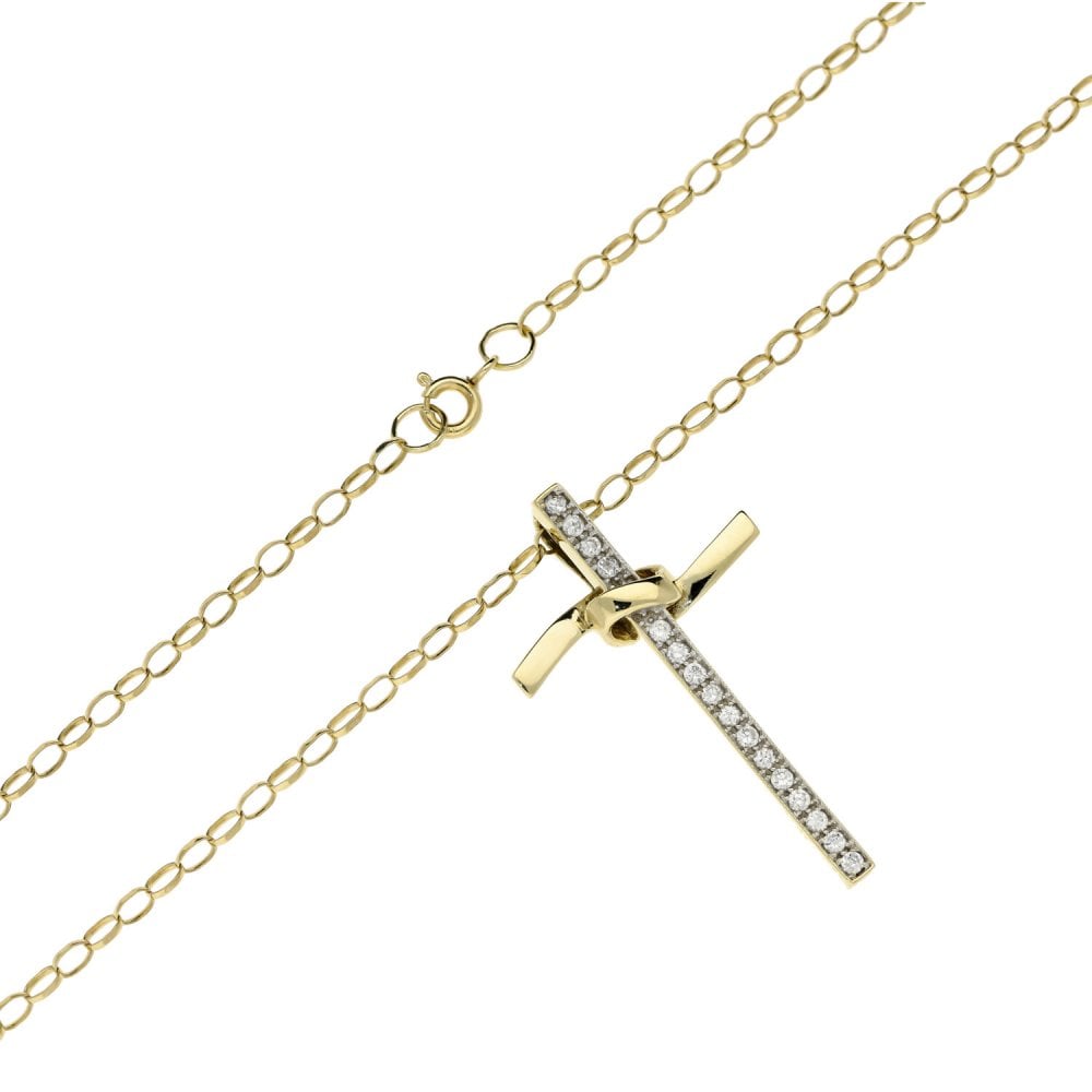 Ladies 9ct Yellow Gold Cubic Zirconia Cross Pendant & Chain
