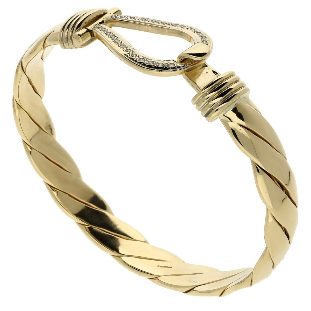 Mens 9ct Yellow Gold Diamond Set Solid Twist Bangle - 60.9g